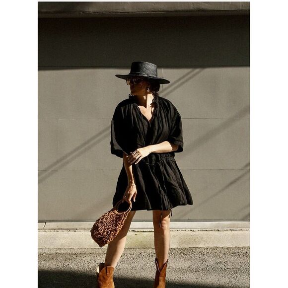 Brochu Walker Dress St. Tropez Onyx Black Linen Dropped Waist‎ Size M Resort